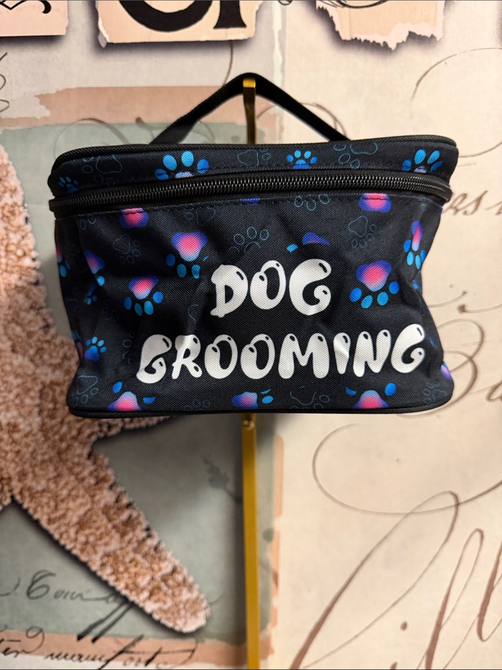Dog Grooming Travel Bag - Black with Blue & Pink Paw Print